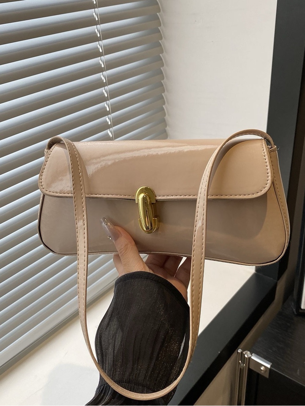 Beige Patent Leather Shoulder Bag with Gold Hardware